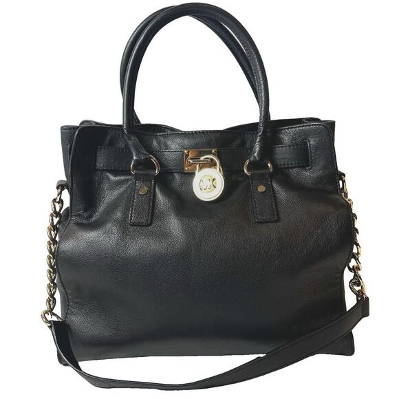 MICHAEL KORS Large Shoulder Bag Black Leather AP-1105 Gold Tone Hardware MK Lock - Picture 1 of 12